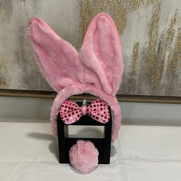Pink Bunny Ears Headband with Bow and Tail - Picture 2 of 4
